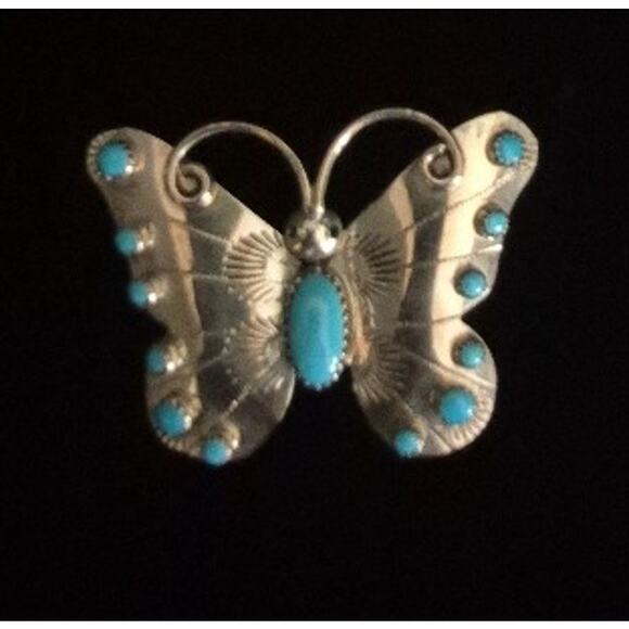 Sterling and turquoise butterfly brooch - Picture 1 of 5